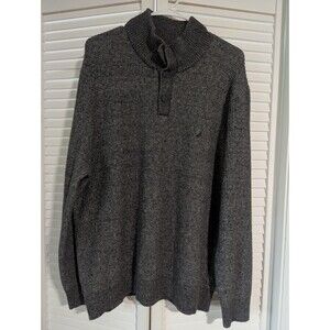 Nautica Mens Sweater Size XL Dark Gray Heather Mock Neck Button Pullover Knit